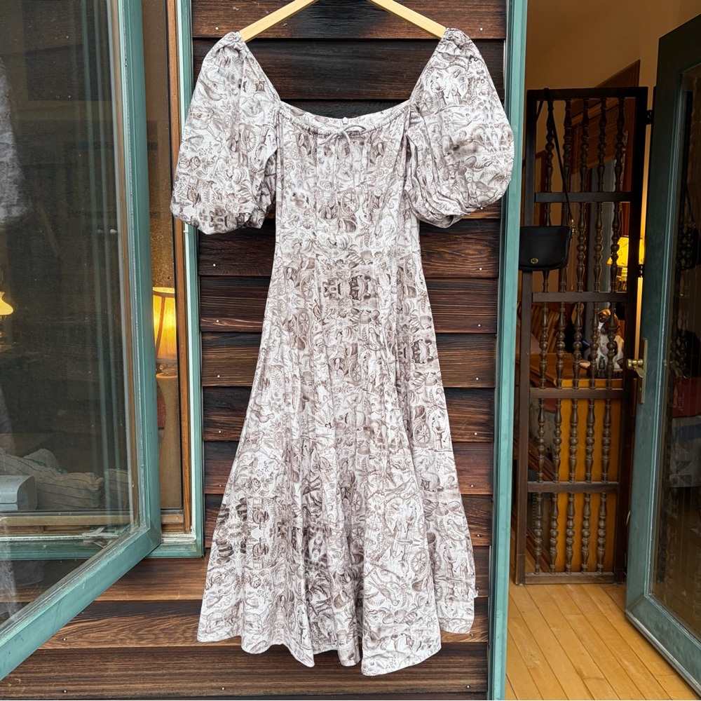 SELKIE Day Dress Toile Sepia Cotton Puff Sleeve Cottage Peasant Vintage Style S